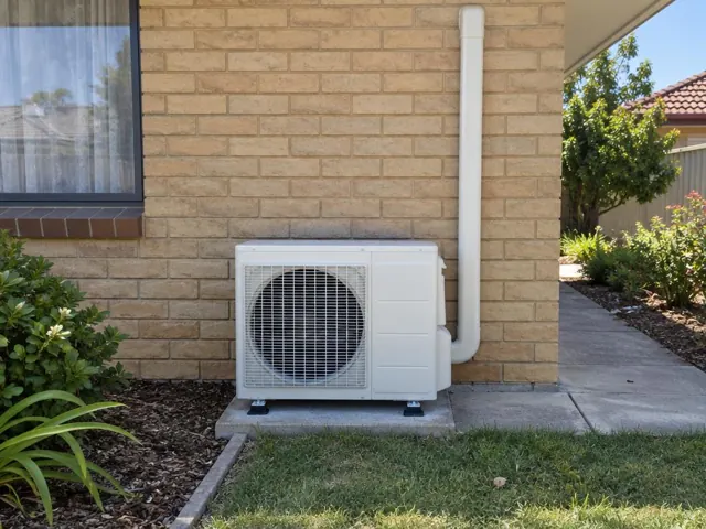 Outdoor air conditioner unit on a concrete pad beside a brick house wall in Windsor Gardens